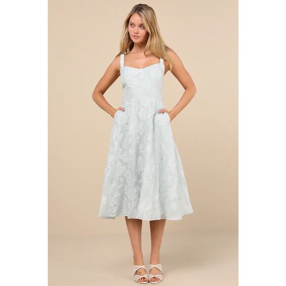 Lulus Pristine Muse Mint Green Jacquard Skater Midi Dress Size M Romantic Pastel - Picture 1 of 12